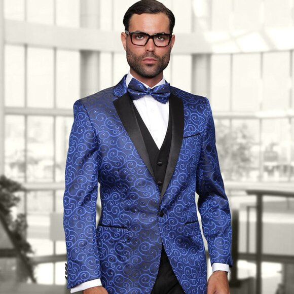 Mens Vested Swirl Patter Notch Lapel Tuxedo in Royal Blue - Picture 1 of 2